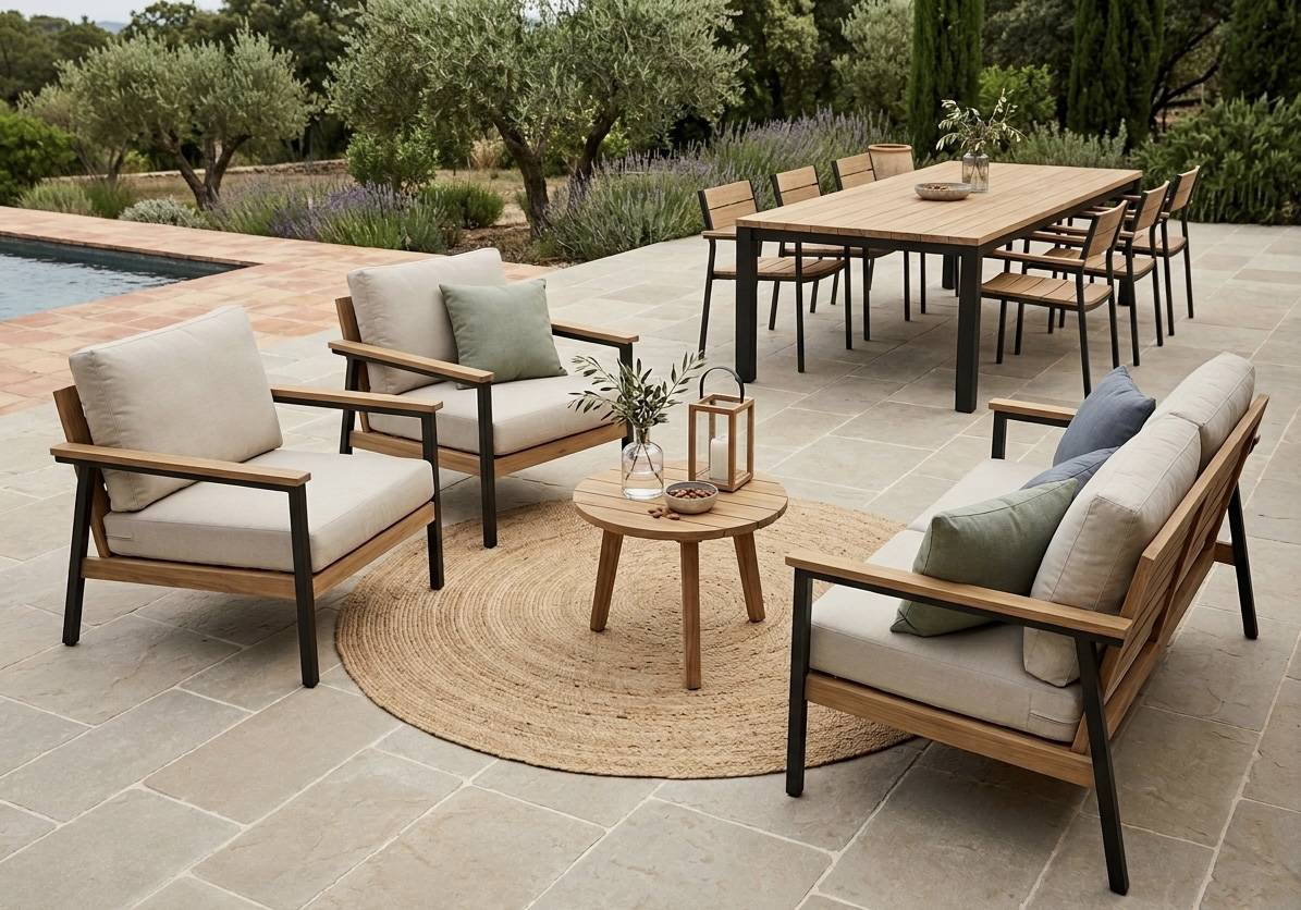 Terrasse contemporaine réalisée en pierre Chablis finition Chambord