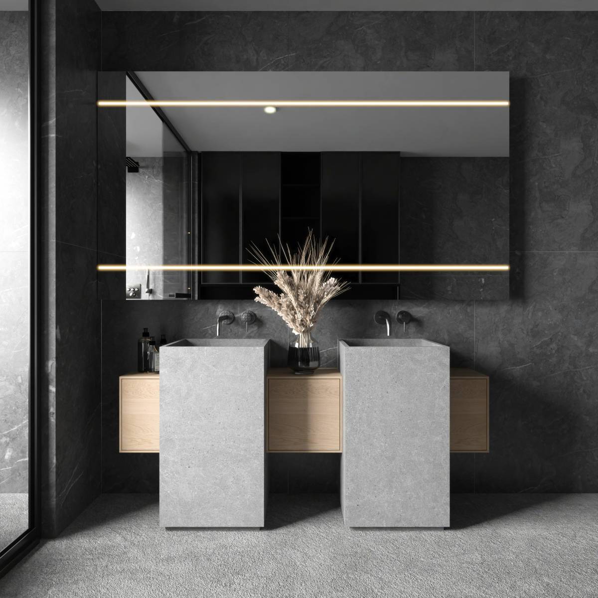 A sleek bathroom in Kahla Grey limestone, a superb relaxation area in a villa in Montreal, Canada