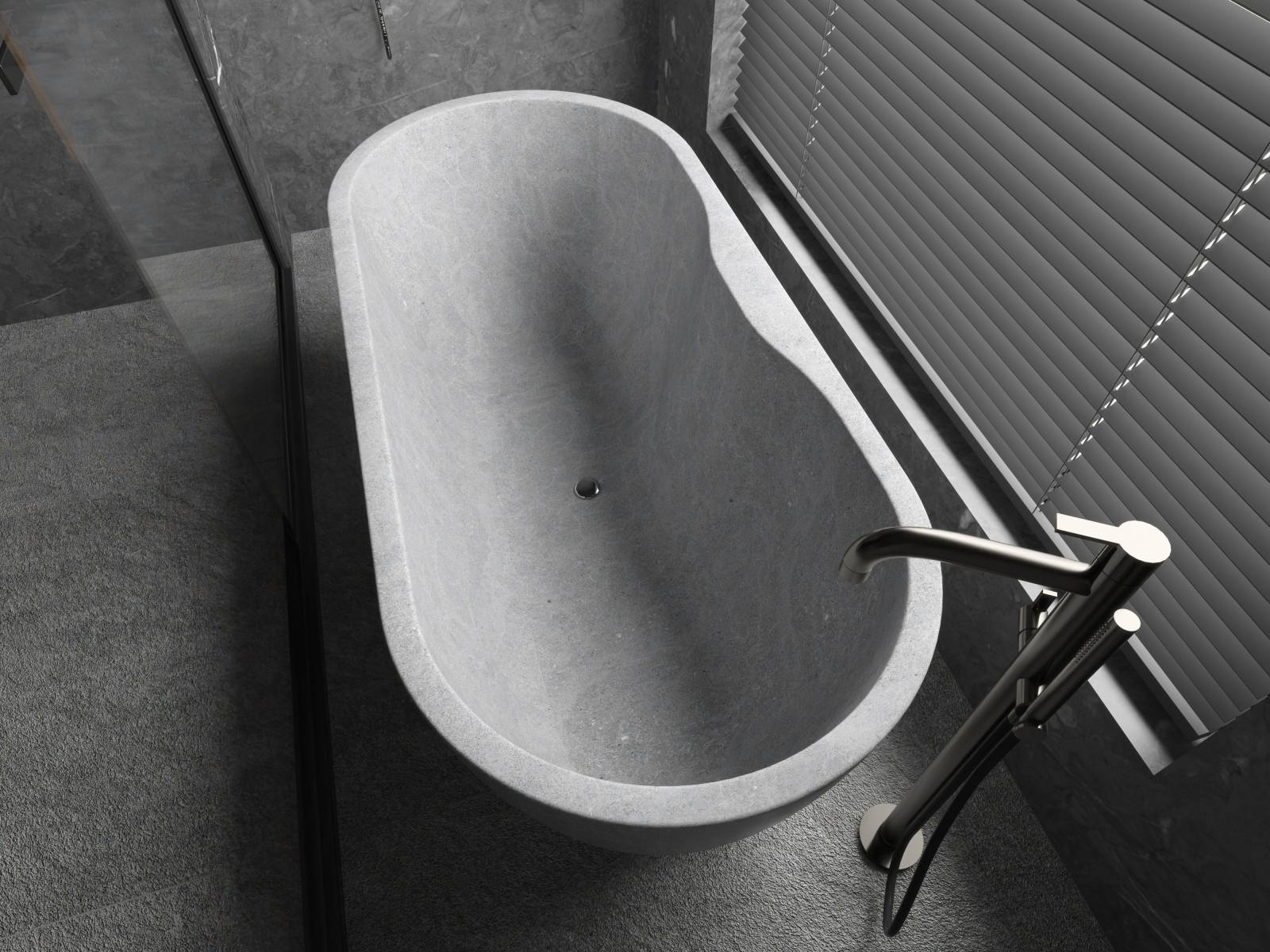 A sleek bathroom in Kahla Grey limestone, a superb relaxation area in a villa in Montreal, Canada