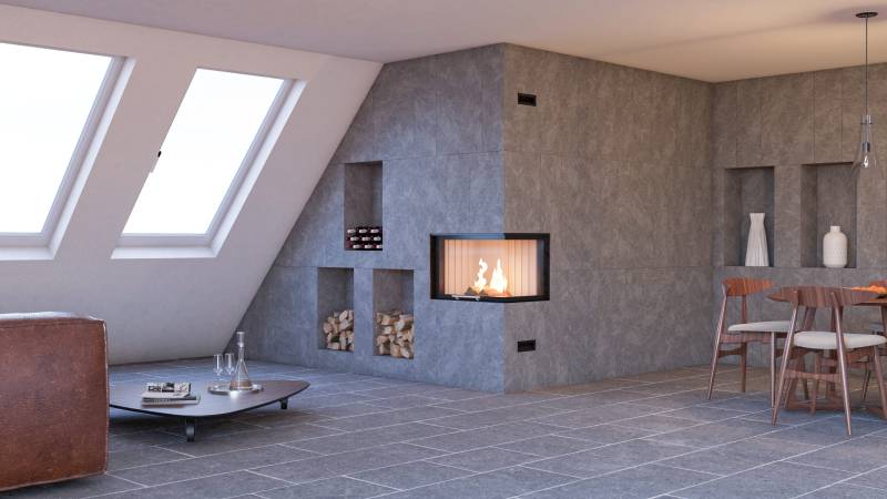 Dallage sol et mur pour salon intérieur moderne ou rustique en pierre naturelle grise brossée aspect brut et vieilli