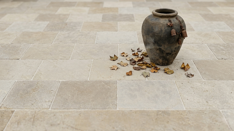 Terrasse en dallage Amazon Beige finition Chambord réalisée avec le Zola Beige et le Chablis.