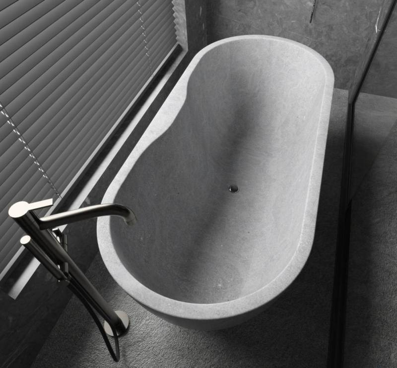 Baignoire en pierre naturelle grise réalisée sur mesure : pièces architecturales en matériau naturel à prix bas à Saint-Tropez, en Côte d'Azur