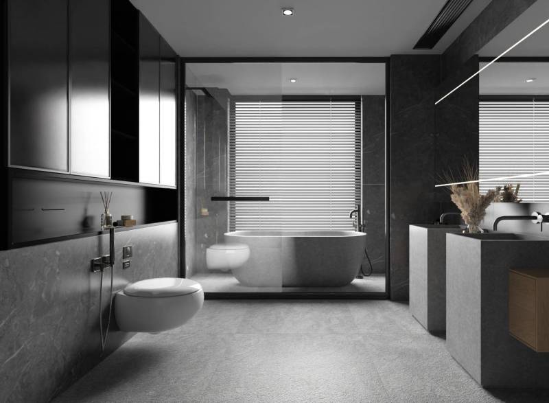 Salle de bain entièrement conçue en pierre naturelle grise pas chère : nos revêtements et sanitaires de qualité, taillés dans le massif à Aix en Provence, France