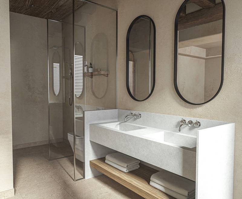 Bathroom sink countertop and flooring in timeless beige and gray stone at affordable price: highly and resistant materials for interior project in London, UK